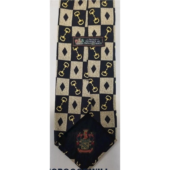 Gucci Paulo Silk Necktie Vintage Accessory Horsebit Pattern Black Tan COA - Picture 3 of 9